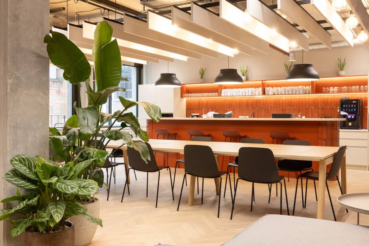 Modern office kitchen with a long table, black chairs, potted plants, and a coffee machine. Bright lighting and wooden accents create a warm atmosphere.