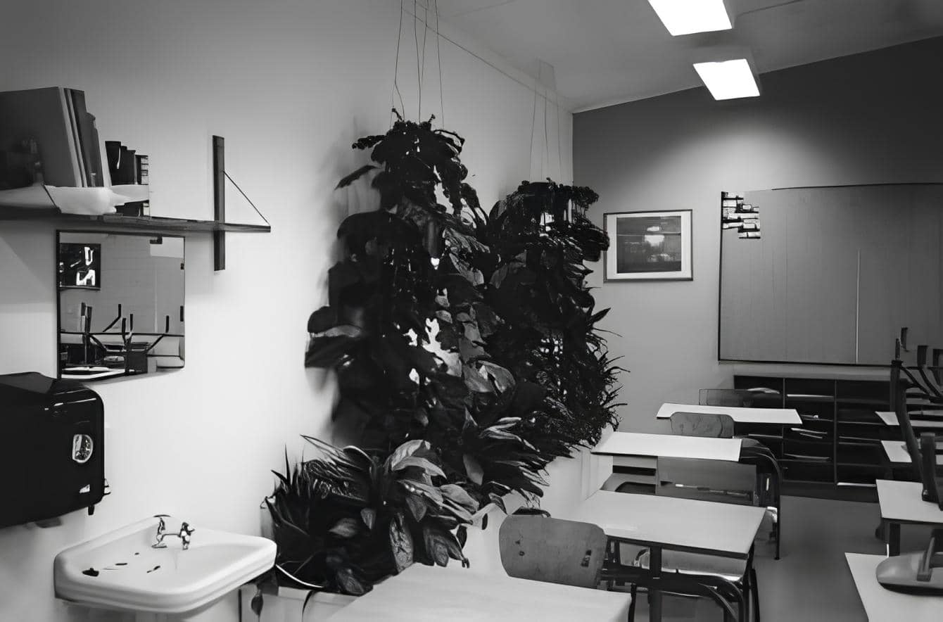 A black and white image taken during Dr Tove Fjeld's study of plants a junior high school near Oslo