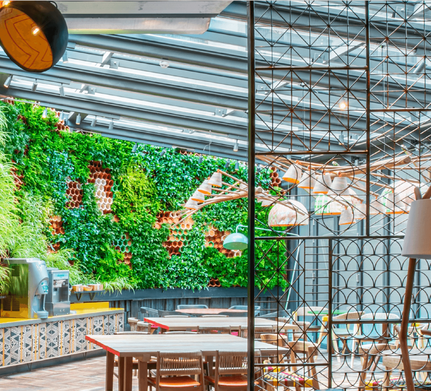 Modern indoor space with a glass ceiling, vibrant green wall, geometric decor, and wooden tables. Bright and airy atmosphere